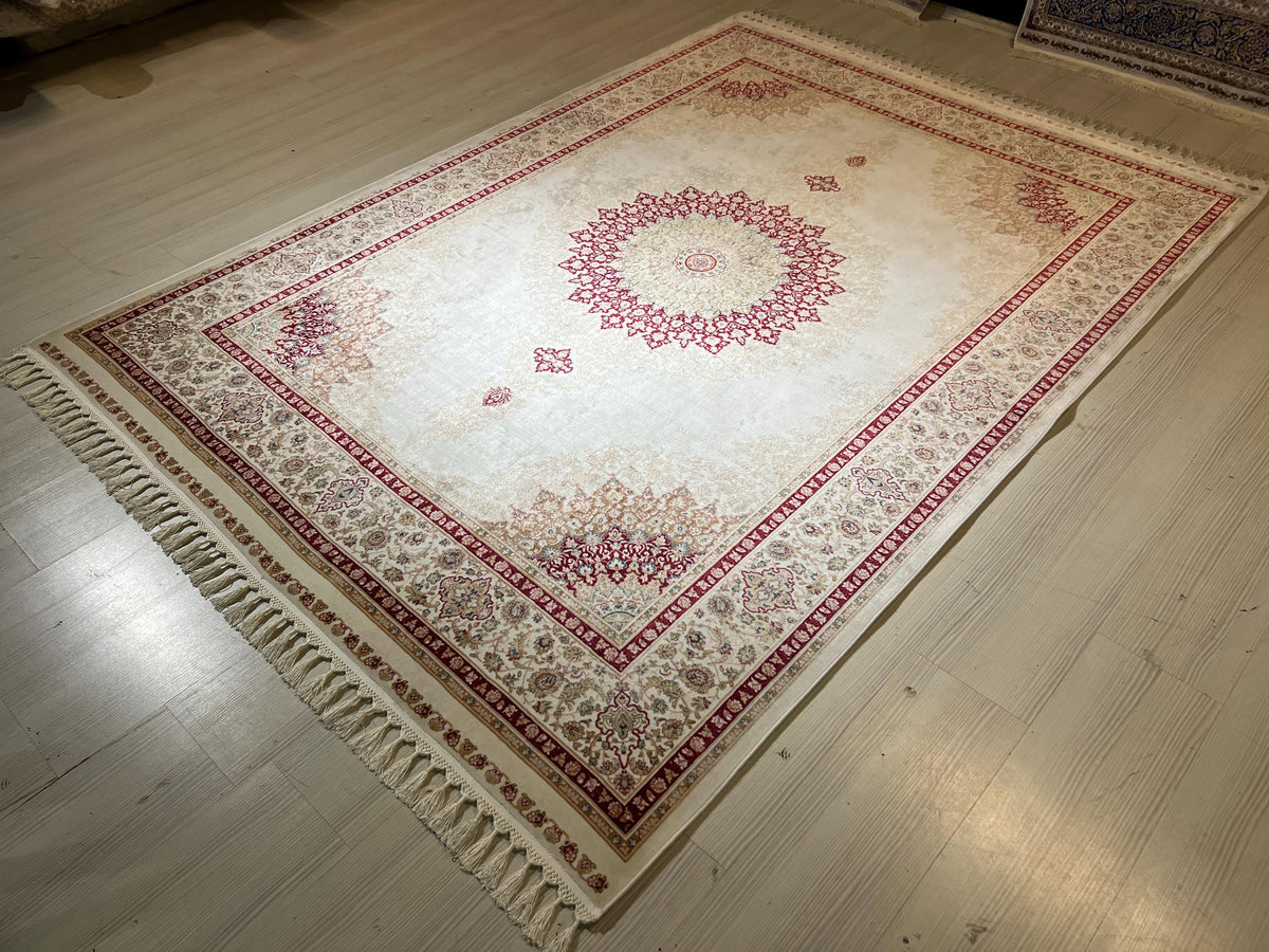 6x8 ft Cream Bamboo Silk Rug, Red Medallion Design, Turkish Living Room Decor