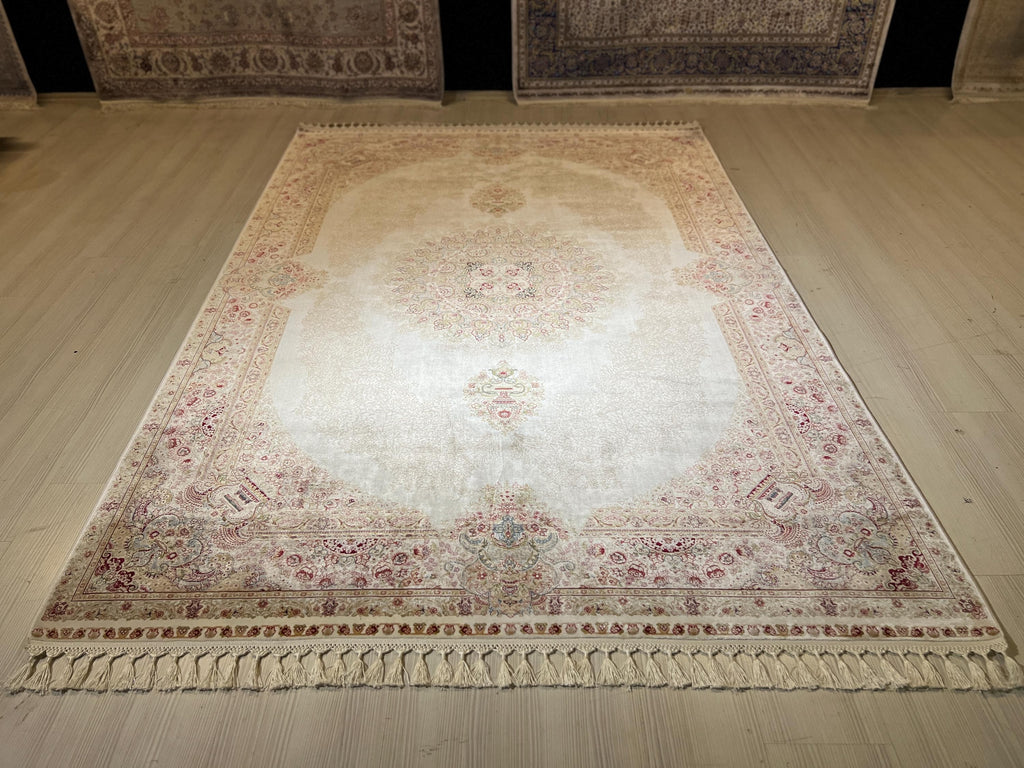 6x8 ft Cream Bamboo Silk Rug, Soft Medallion Design, Turkish Living Room Decor