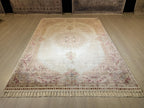 6x8 ft Cream Bamboo Silk Rug, Soft Medallion Design, Turkish Living Room Decor