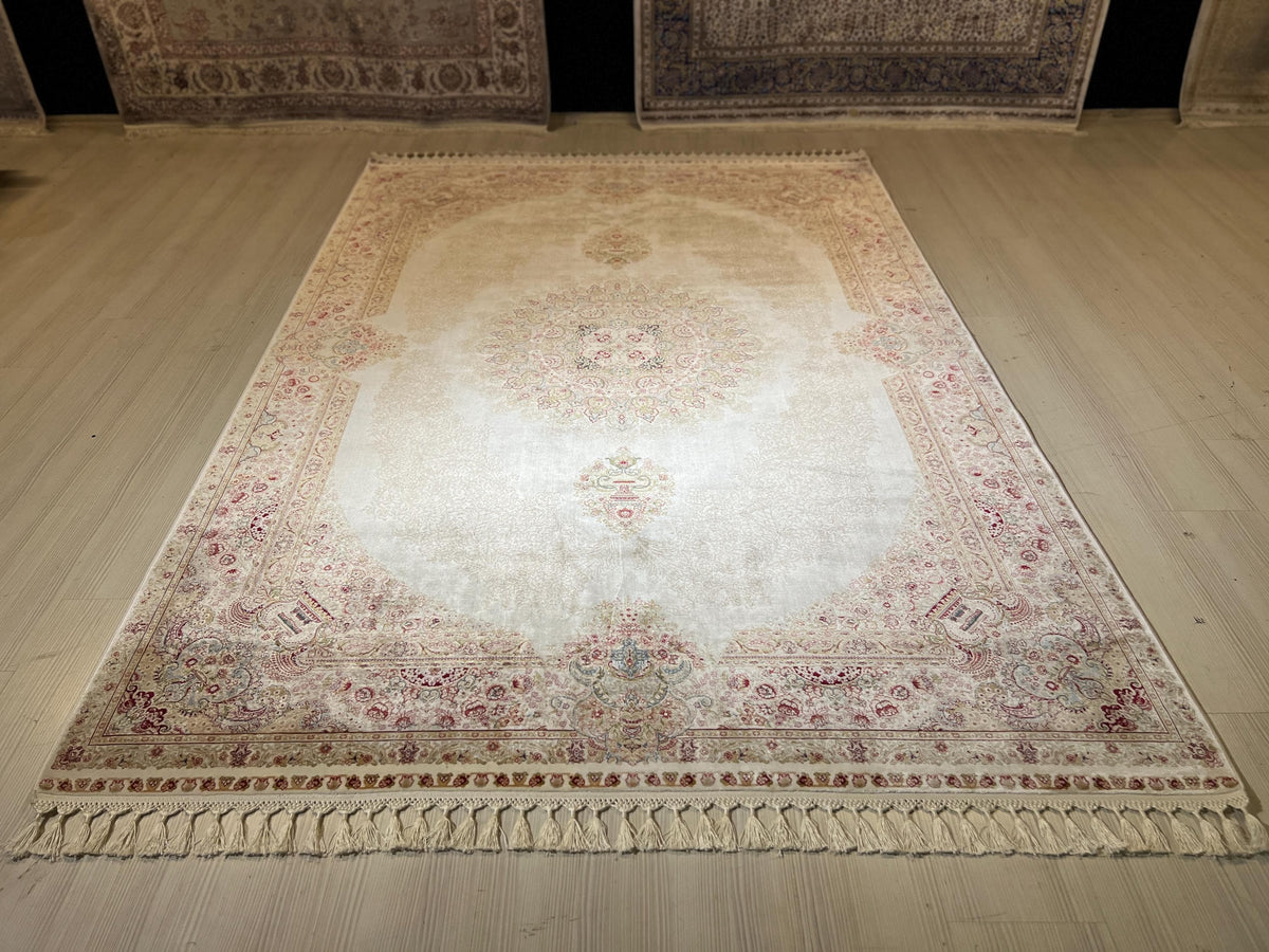 6x8 ft Cream Bamboo Silk Rug, Soft Medallion Design, Turkish Living Room Decor