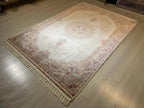 6x8 ft Cream Bamboo Silk Rug, Soft Medallion Design, Turkish Living Room Decor