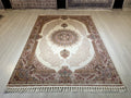 6x8 ft Cream Bamboo Silk Rug, Soft Medallion Design, Turkish Living Room Decor