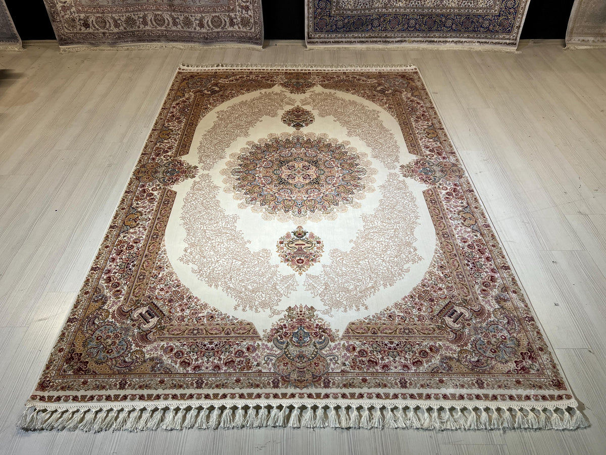 6x8 ft Cream Bamboo Silk Rug, Soft Medallion Design, Turkish Living Room Decor