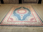 5x8 ft Blue Medallion Silk Rug, Turkish Rug, Living Room Decor