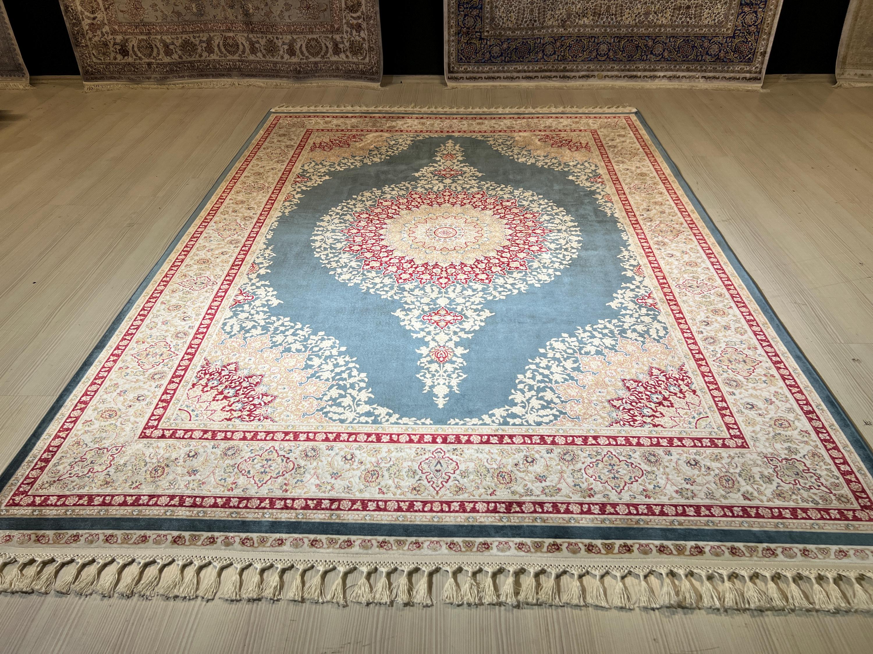 5x8 ft Blue Medallion Silk Rug, Turkish Rug, Living Room Decor