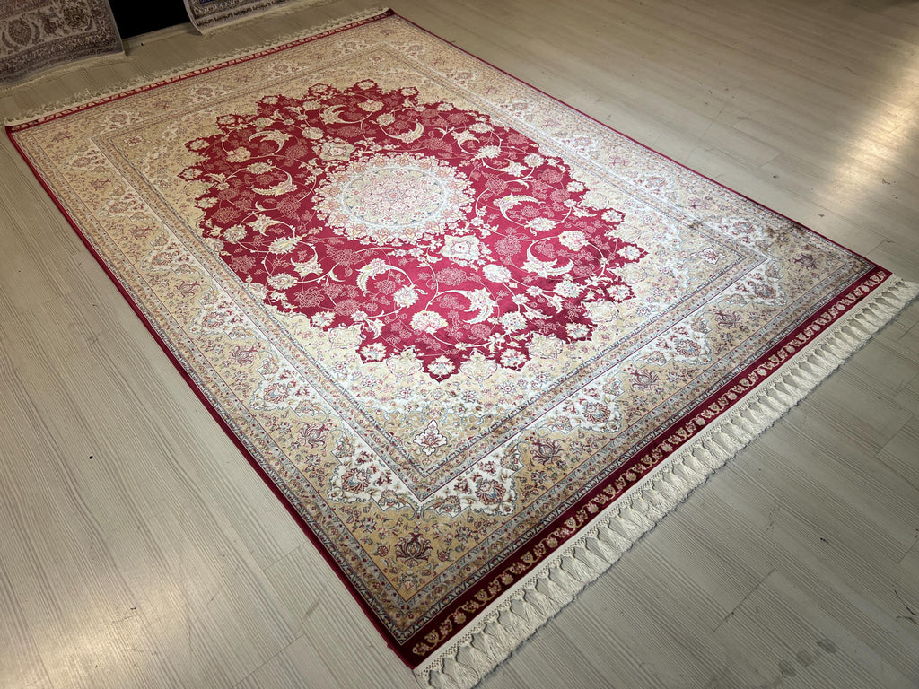 Red Gold Medallion Modal Silk Rug, Turkish Style (5X8 ft)