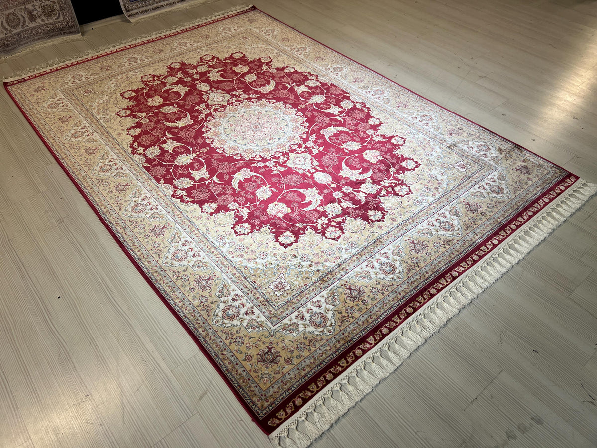 Red Gold Medallion Modal Silk Rug, Turkish Style (5X8 ft)