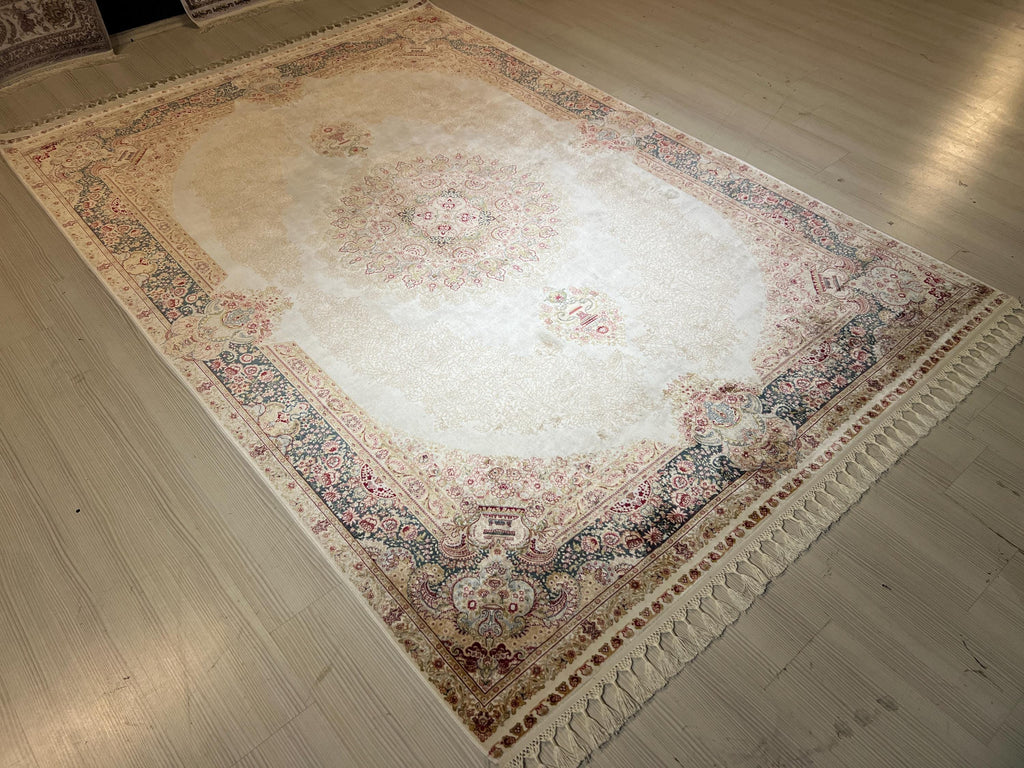 5x8 Medallion Silk Rug, Ivory Oriental Area Rug for Living Room