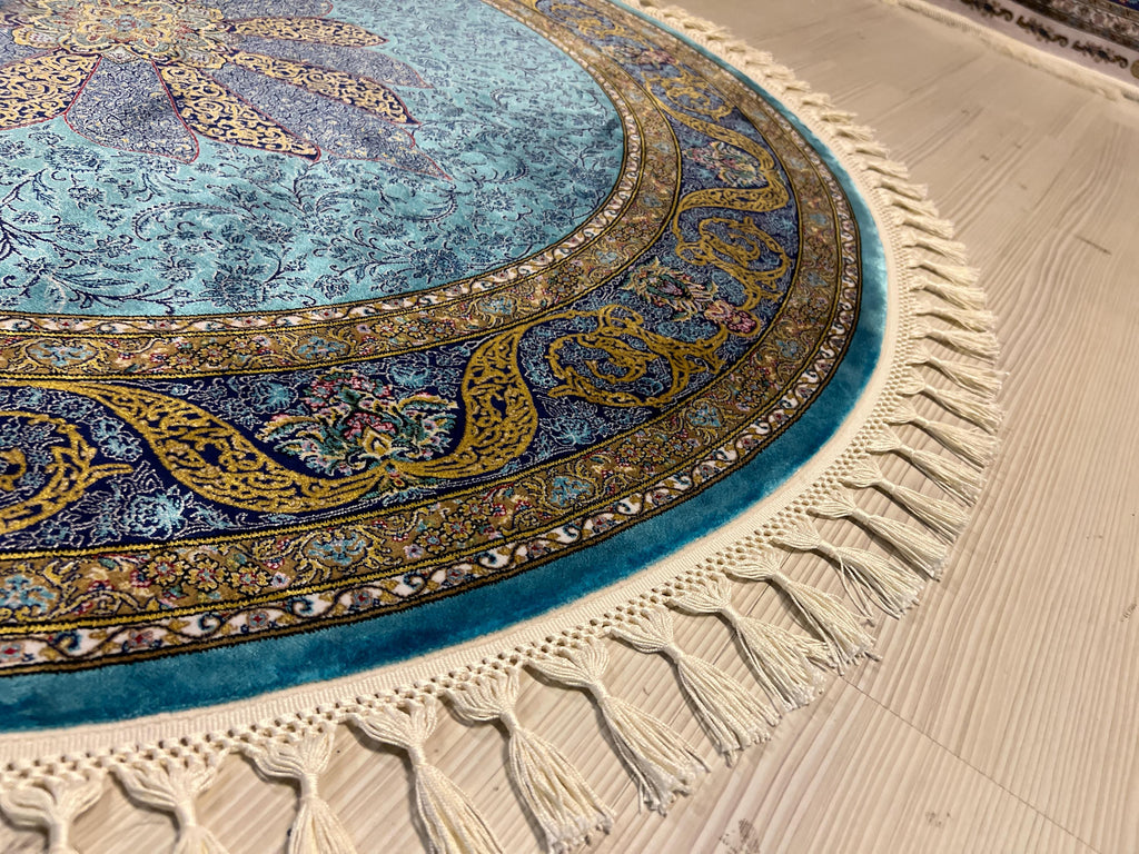 Blue & Gold Modal Silk Circle Rug, Vintage Style (4x4 ft)