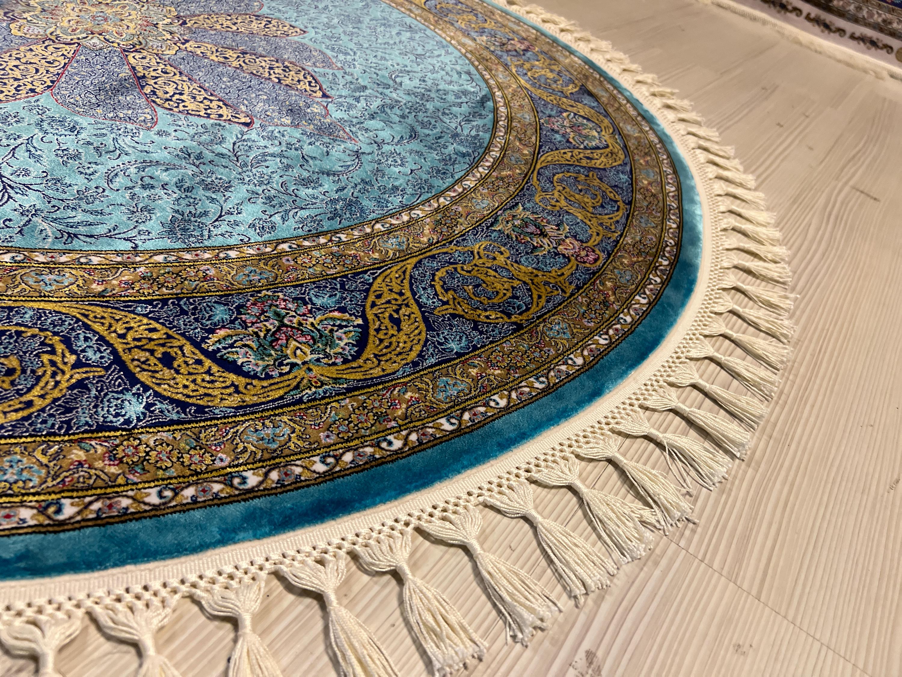 Blue & Gold Modal Silk Circle Rug, Vintage Style (4x4 ft)