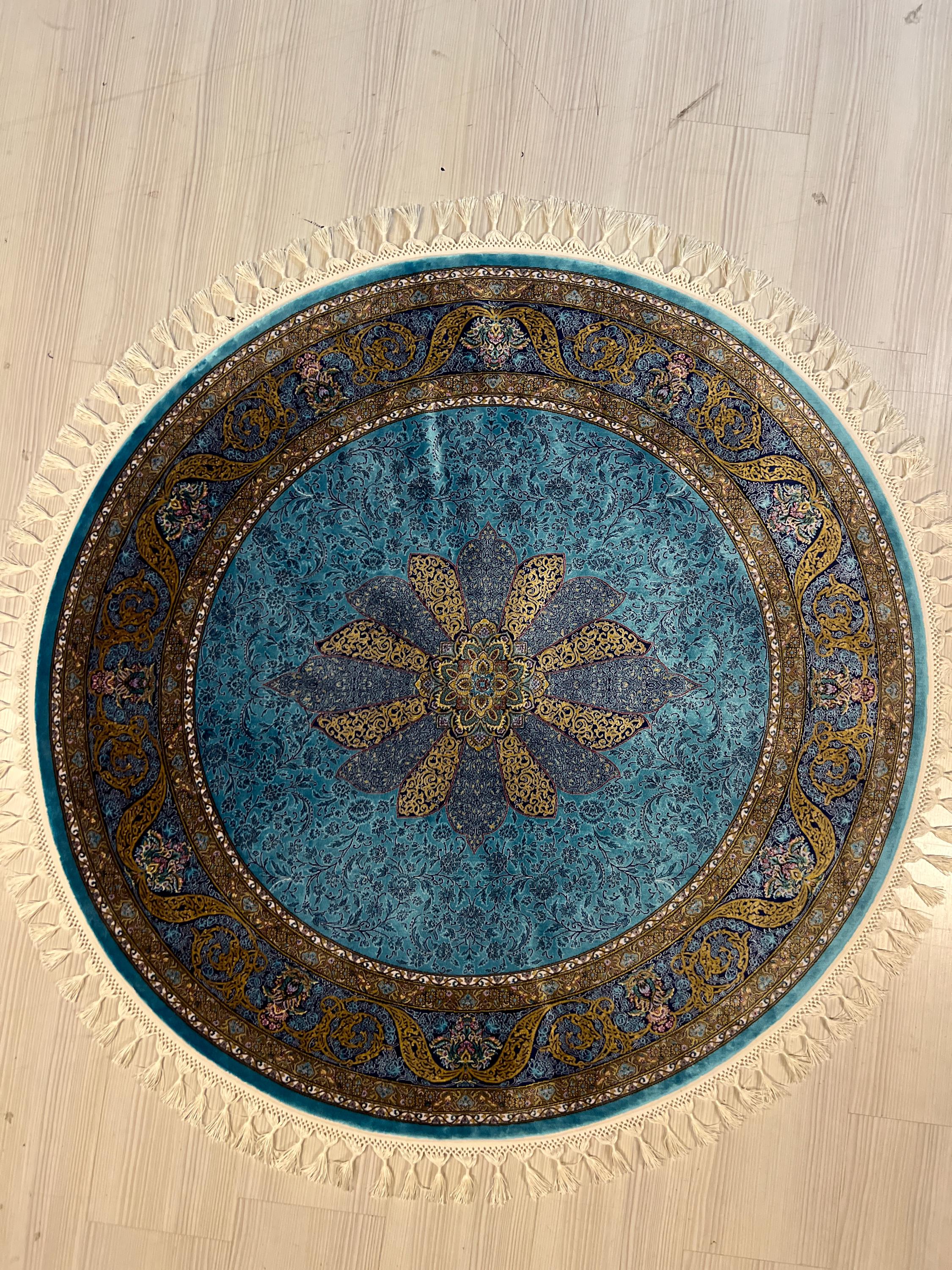 Blue & Gold Modal Silk Circle Rug, Vintage Style (4x4 ft)