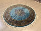 Blue & Gold Modal Silk Circle Rug, Vintage Style (4x4 ft)