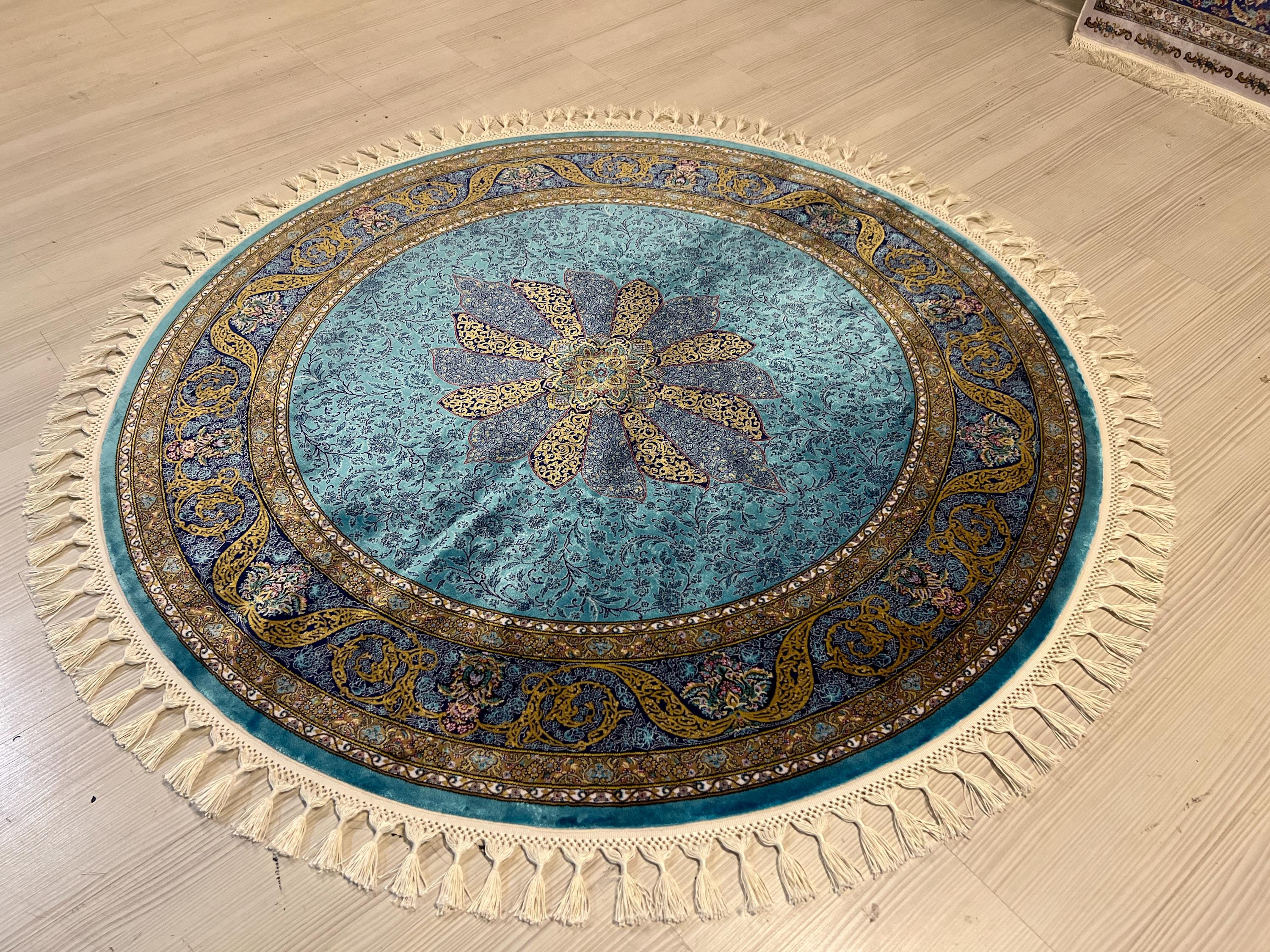 Blue & Gold Modal Silk Circle Rug, Vintage Style (4x4 ft)