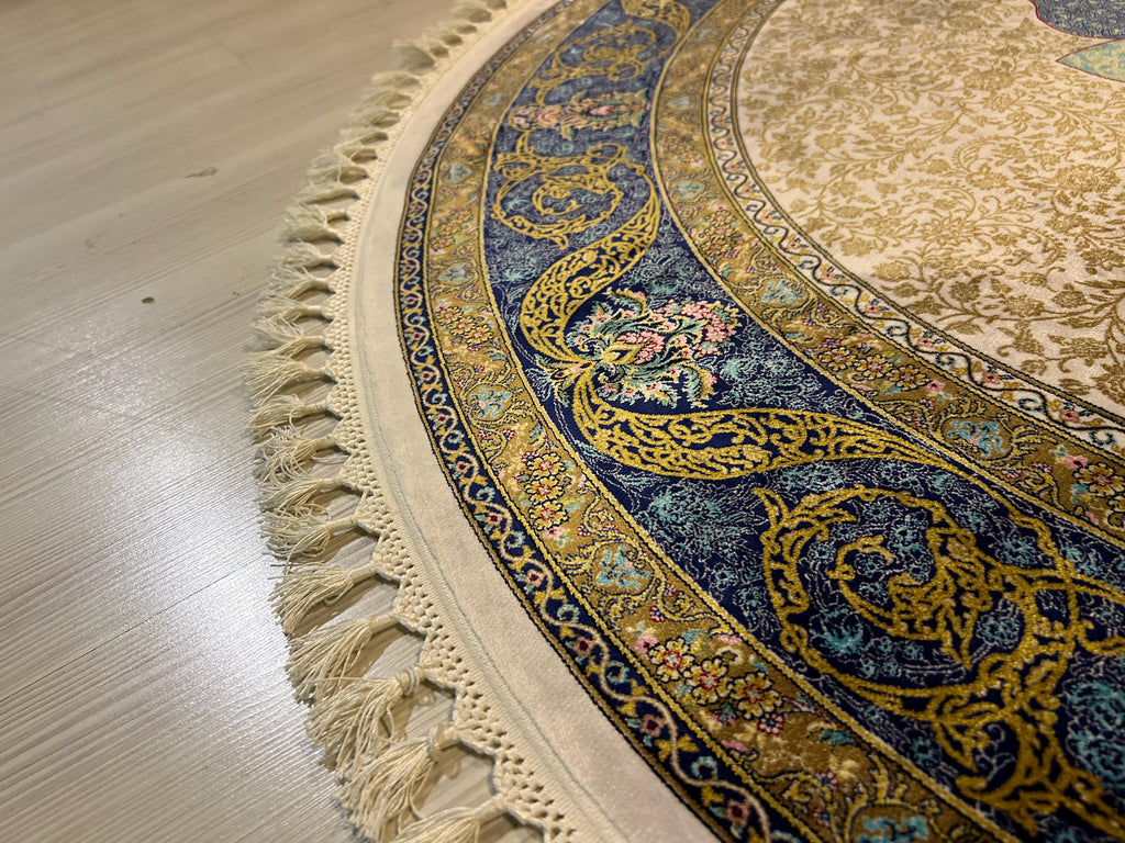 Gray Blue Modal Silk Circle Rug, Vintage Floral Medallion (5.24x5.24 ft)