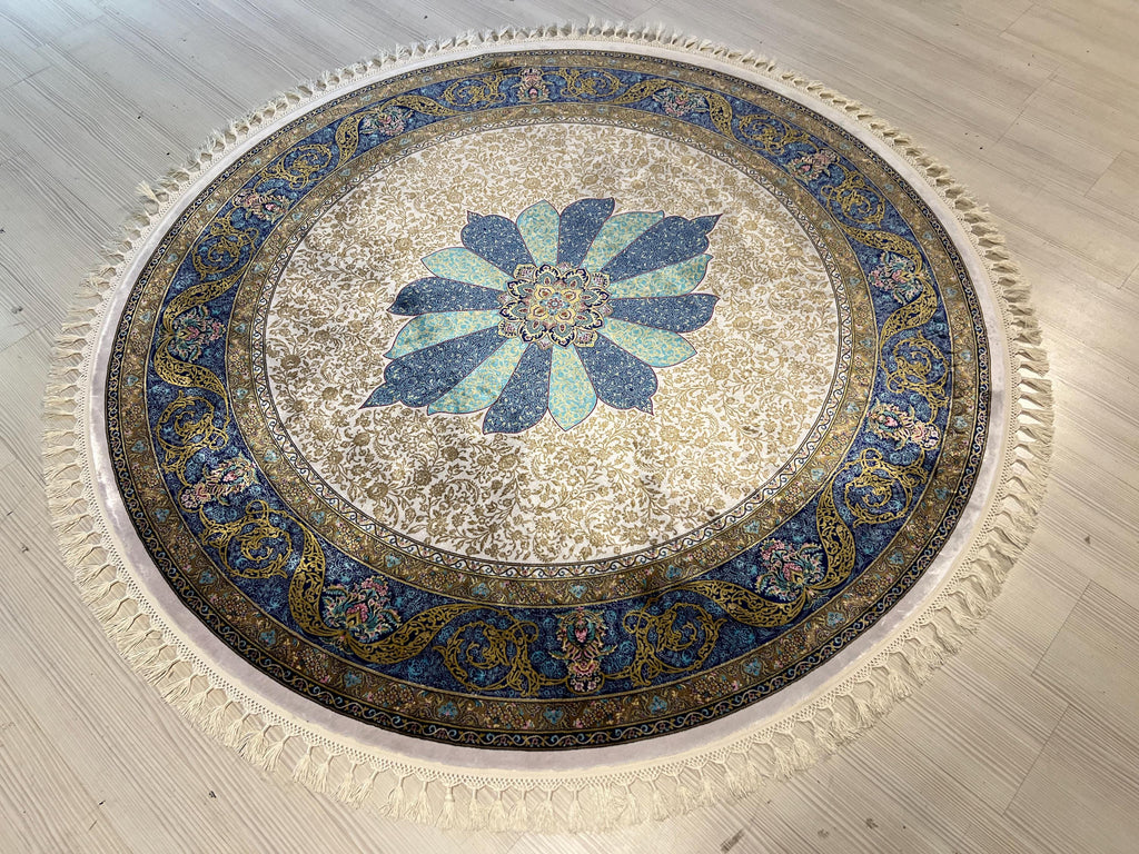 Gray Blue Modal Silk Circle Rug, Vintage Floral Medallion (5.24x5.24 ft)