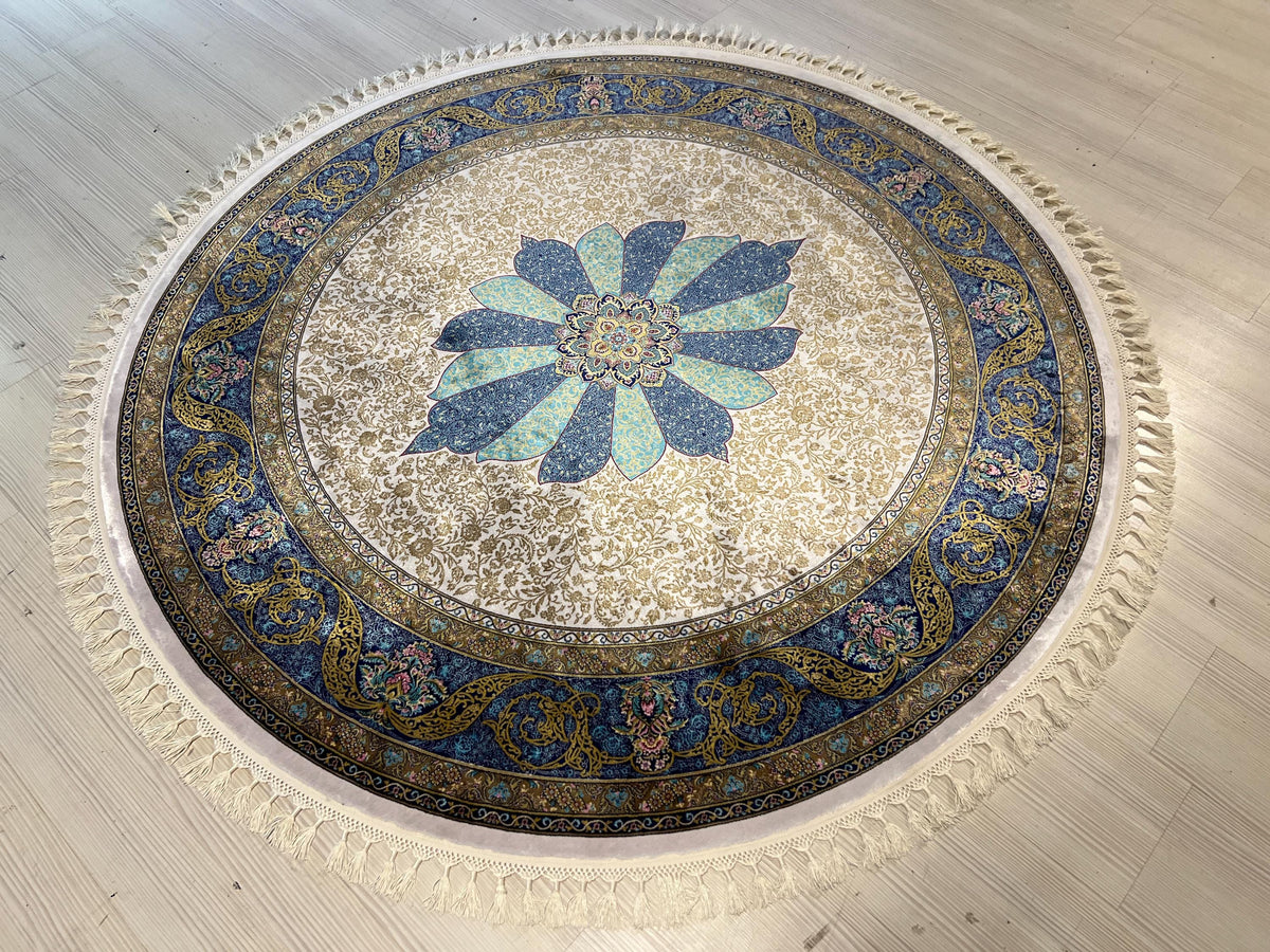 Gray Blue Modal Silk Circle Rug, Vintage Floral Medallion (5.24x5.24 ft)