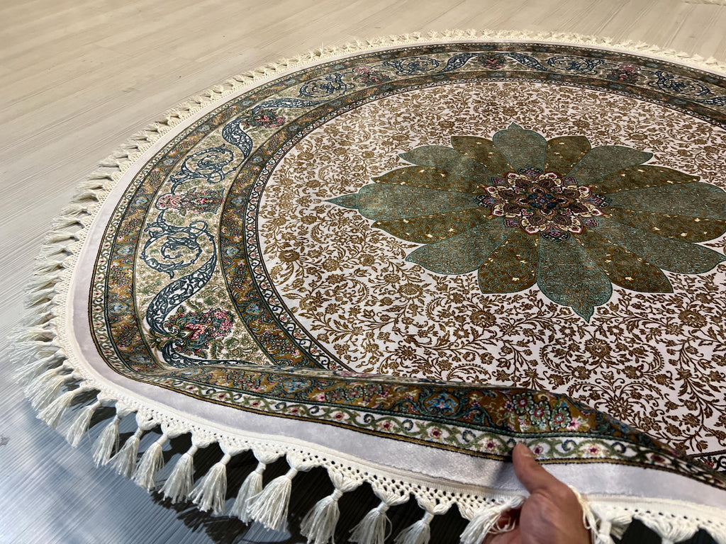 5x5 ft Round Floral Medallion Modal Silk Rug, Turkish Living Room Rug