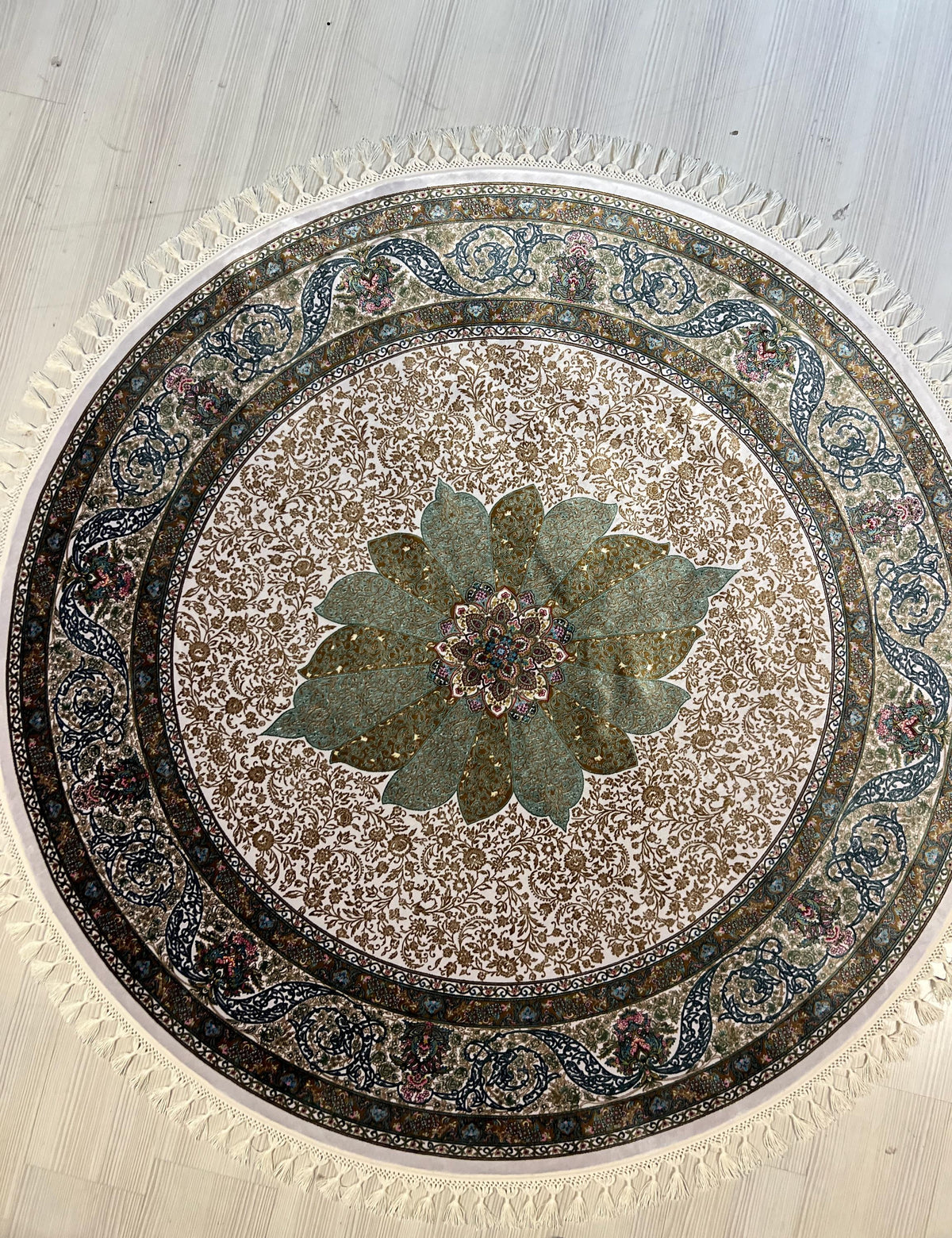 5x5 ft Round Floral Medallion Modal Silk Rug, Turkish Living Room Rug
