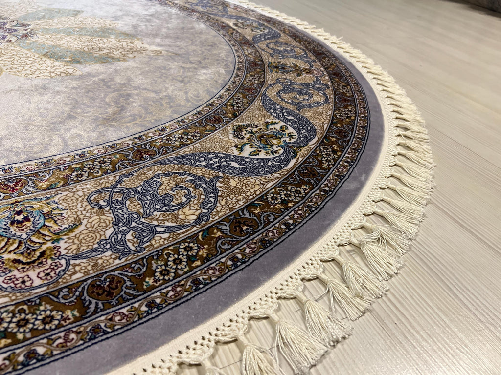 Green Floral Silk Round Rug, Vintage Style 5x5 ft
