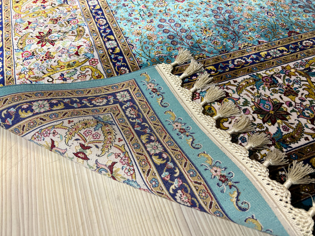 5x8 ft Turquoise Floral Field Modal Silk Rug, Turkish Living Room Rug
