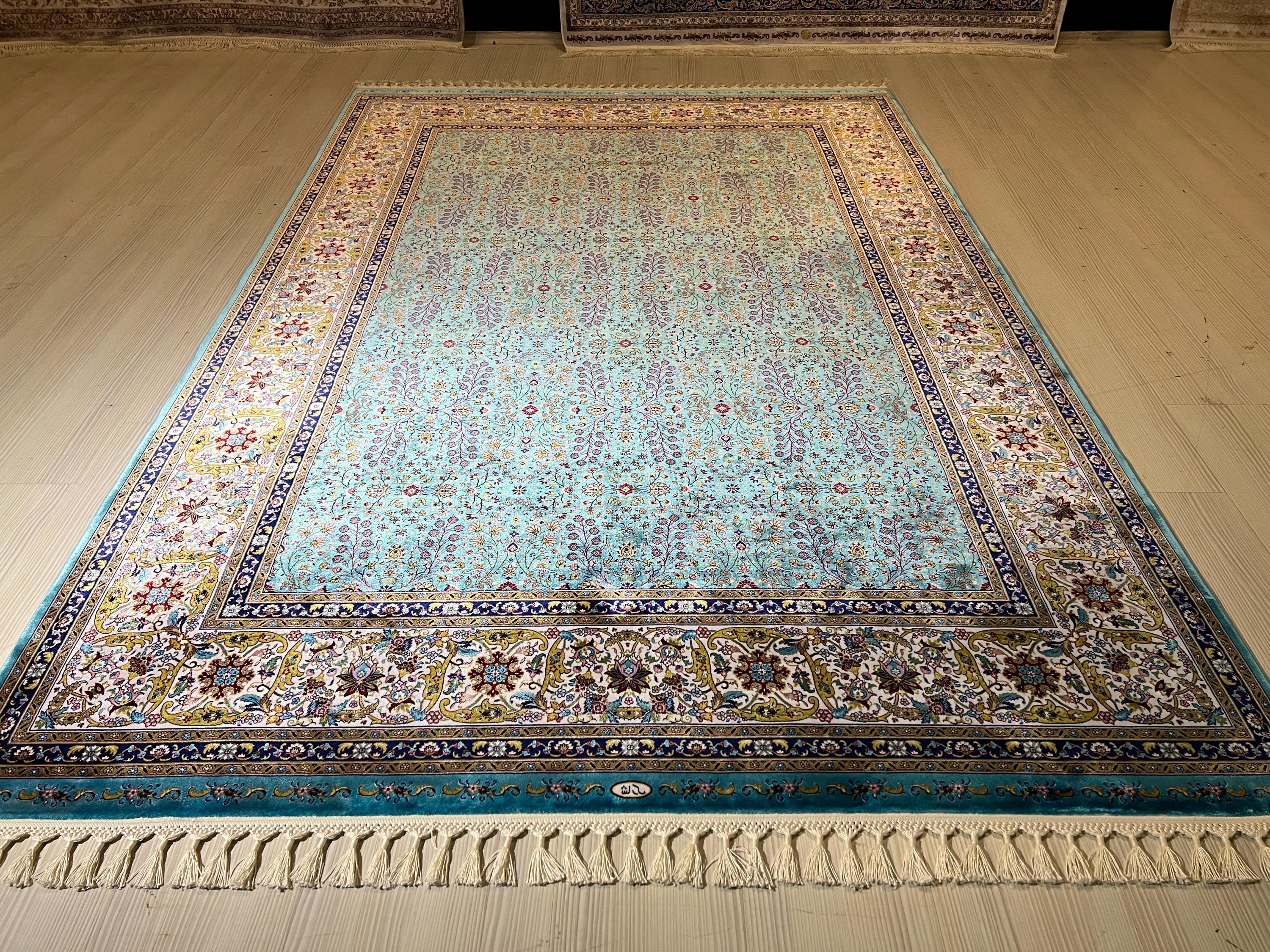 5x8 ft Turquoise Floral Field Modal Silk Rug, Turkish Living Room Rug