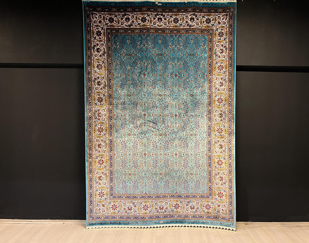 5x8 ft Turquoise Floral Field Modal Silk Rug, Turkish Living Room Rug