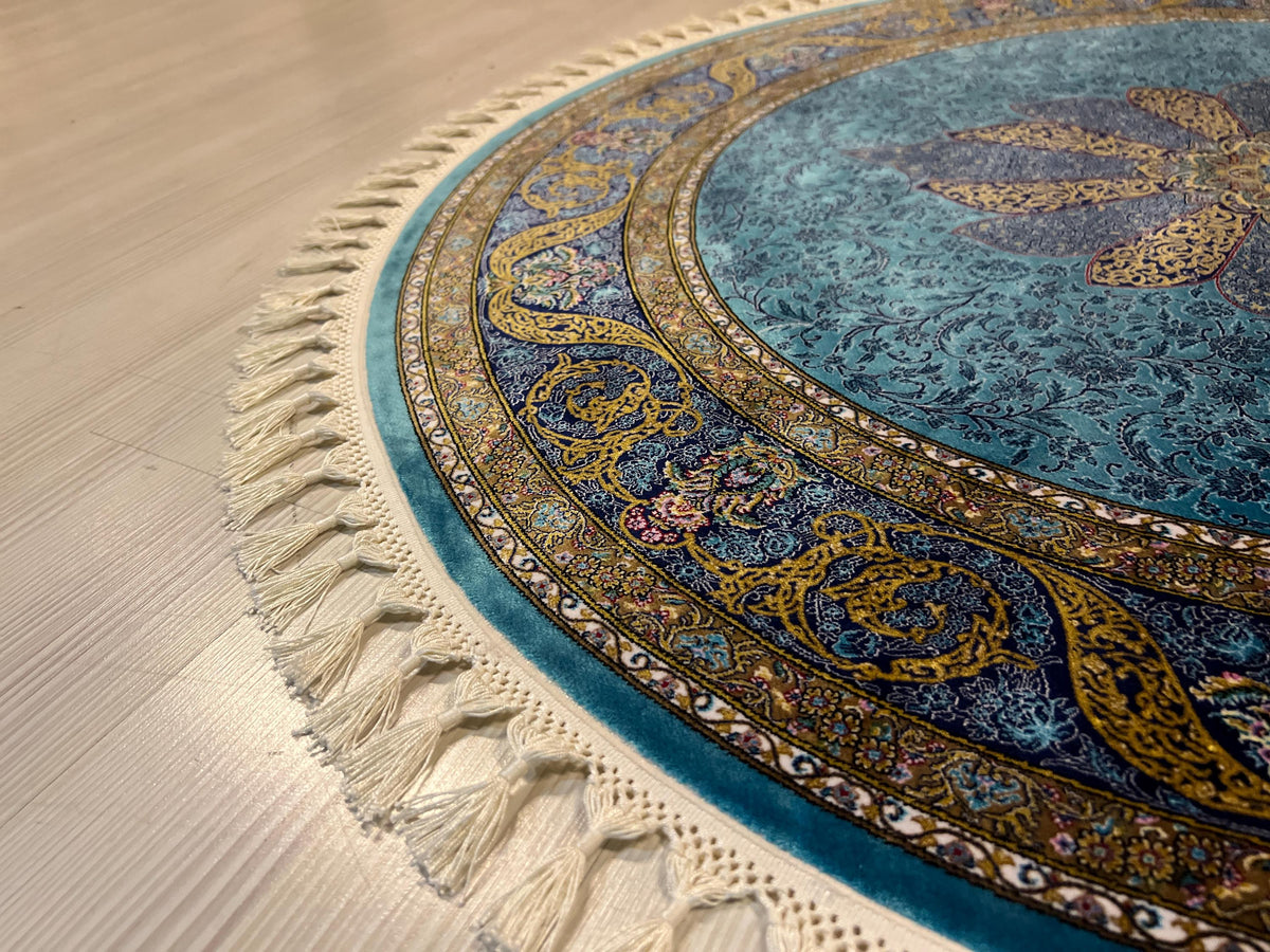 Blue & Gold Modal Silk Circle Rug, Vintage Style (4x4 ft)