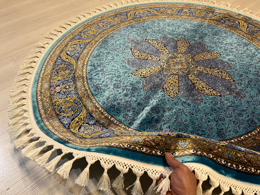 Blue & Gold Modal Silk Circle Rug, Vintage Style (4x4 ft)