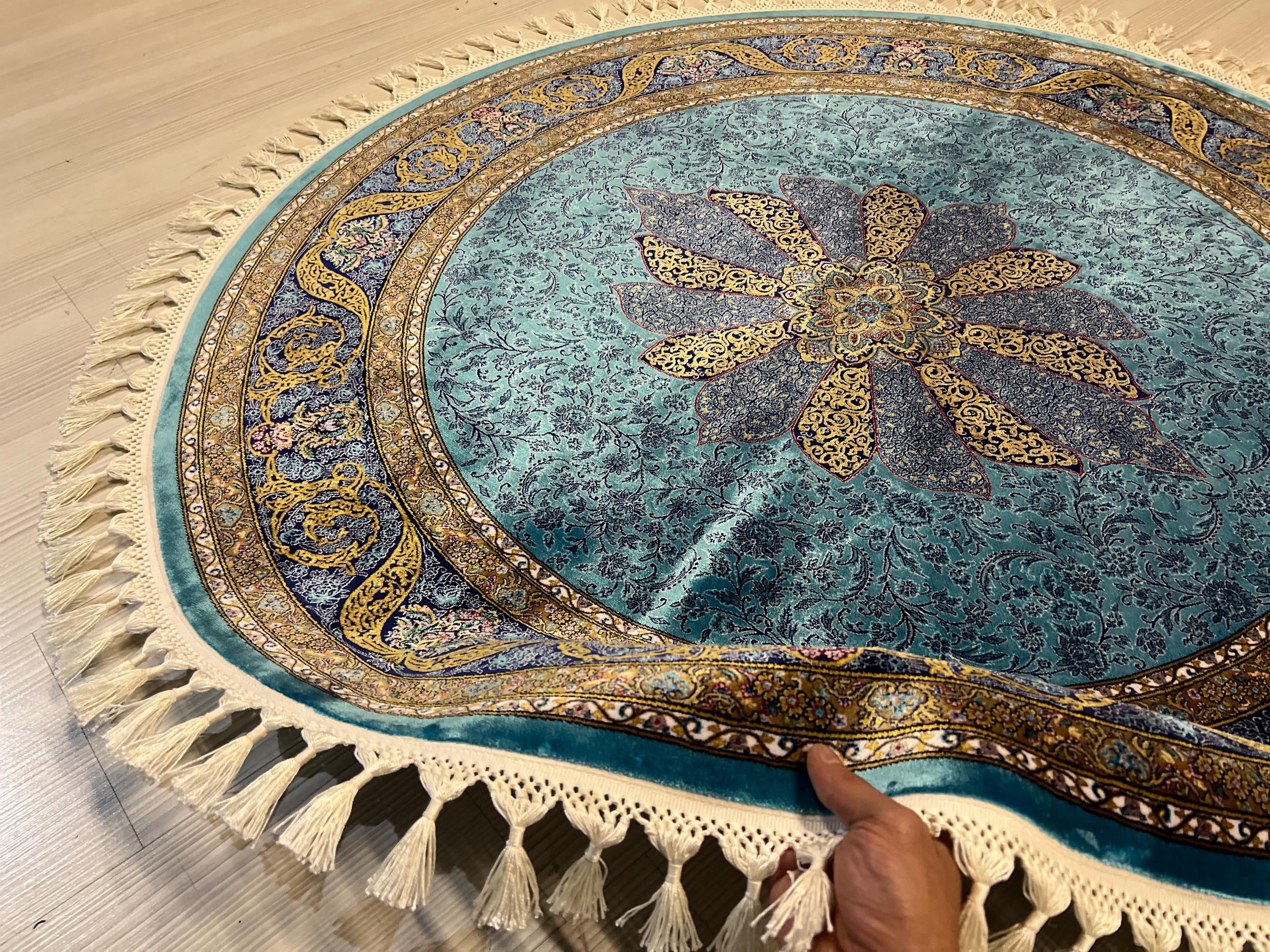 Blue & Gold Modal Silk Circle Rug, Vintage Style (4x4 ft)