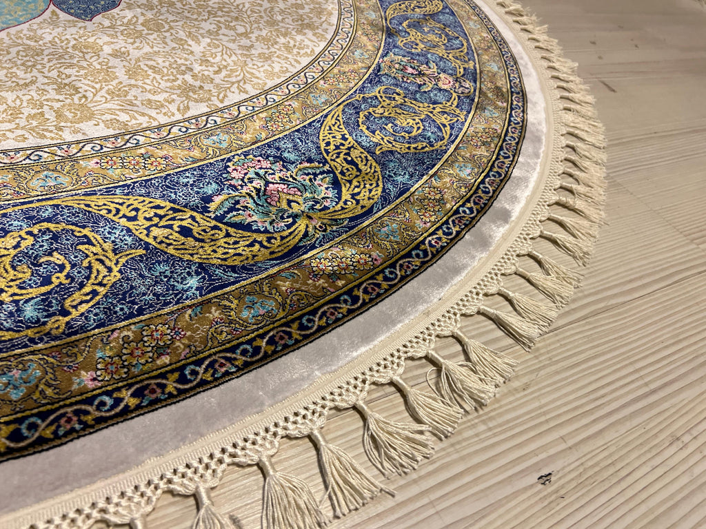 Gray Blue Modal Silk Circle Rug, Vintage Floral Medallion (5.24x5.24 ft)