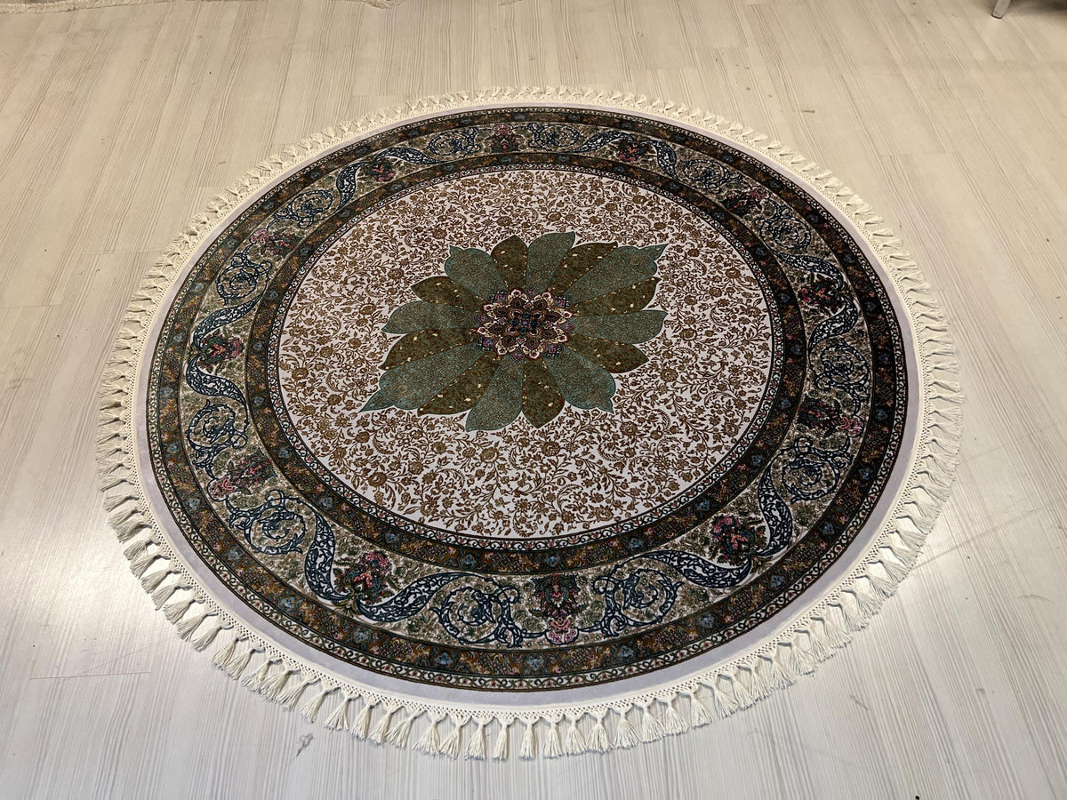 5x5 ft Round Floral Medallion Modal Silk Rug, Turkish Living Room Rug