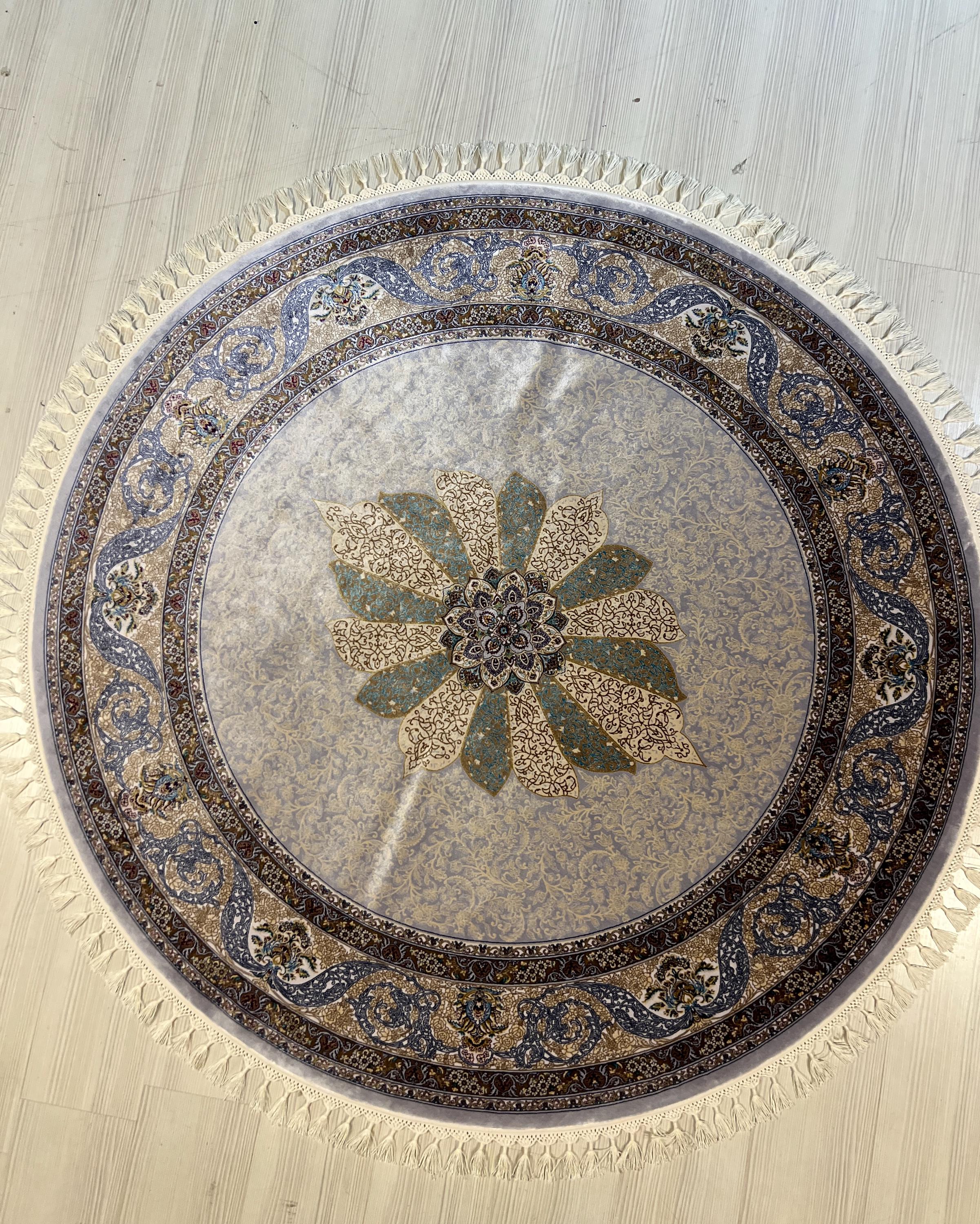 Green Floral Silk Round Rug, Vintage Style 5x5 ft