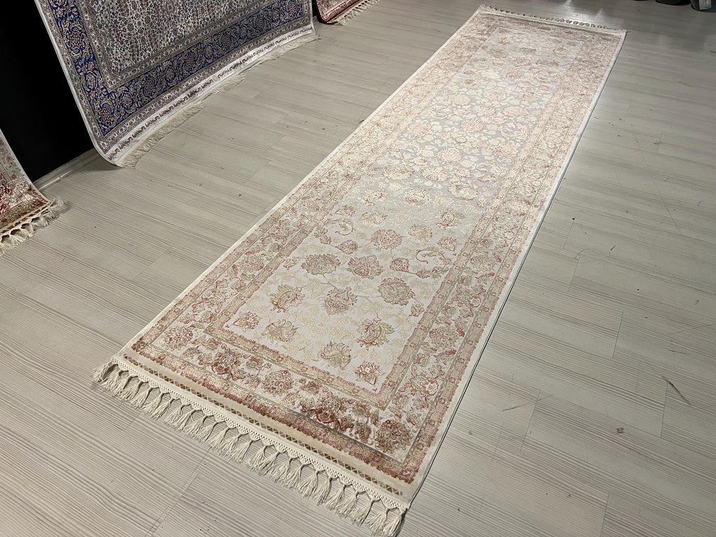 3x10 ft Ivory Modal Silk Runner Rug, Turkish Hallway Runner, Floral Luxury Carpet