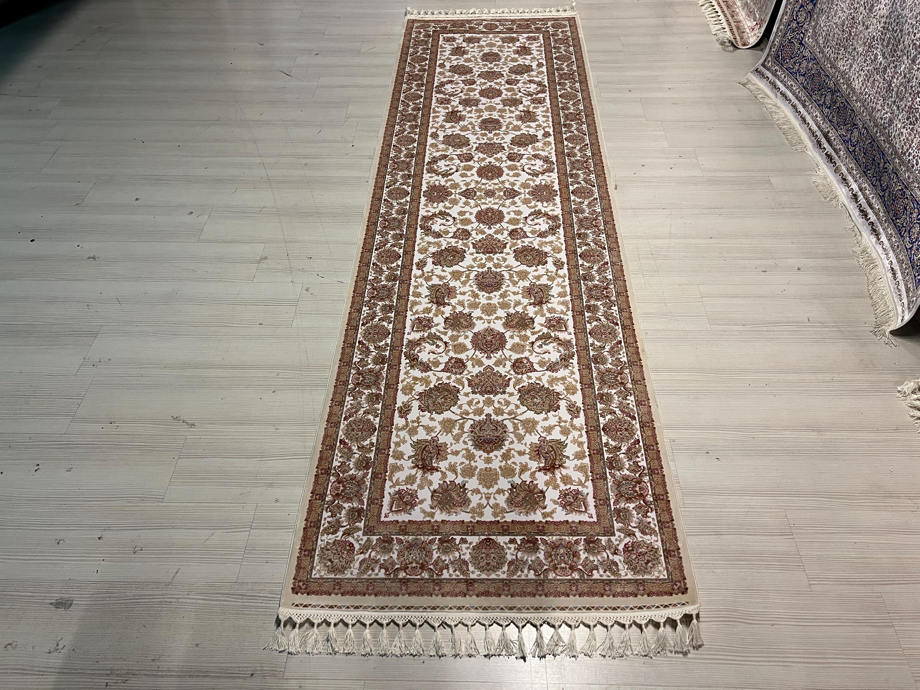 3x10 Beige Turkish Modal Silk Runner Rug, Rose Pattern Border Elegant Entryway Carpet