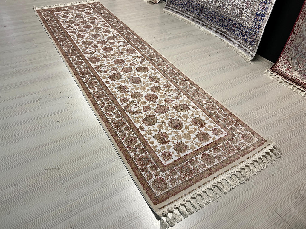 3x10 Beige Turkish Modal Silk Runner Rug, Rose Pattern Border Elegant Entryway Carpet
