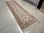 3x10 Beige Turkish Modal Silk Runner Rug, Rose Pattern Border Elegant Entryway Carpet