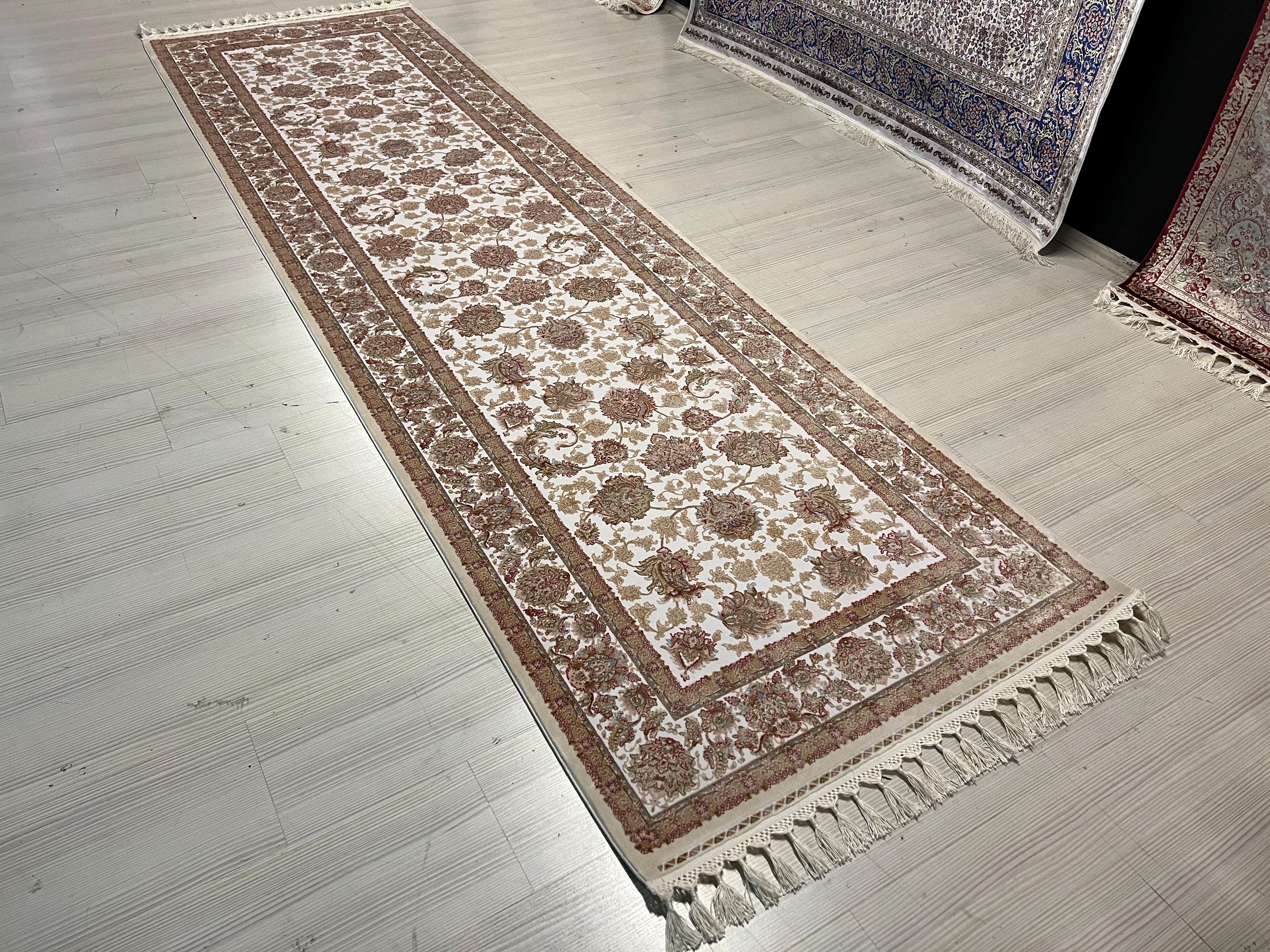 3x10 Beige Turkish Modal Silk Runner Rug, Rose Pattern Border Elegant Entryway Carpet