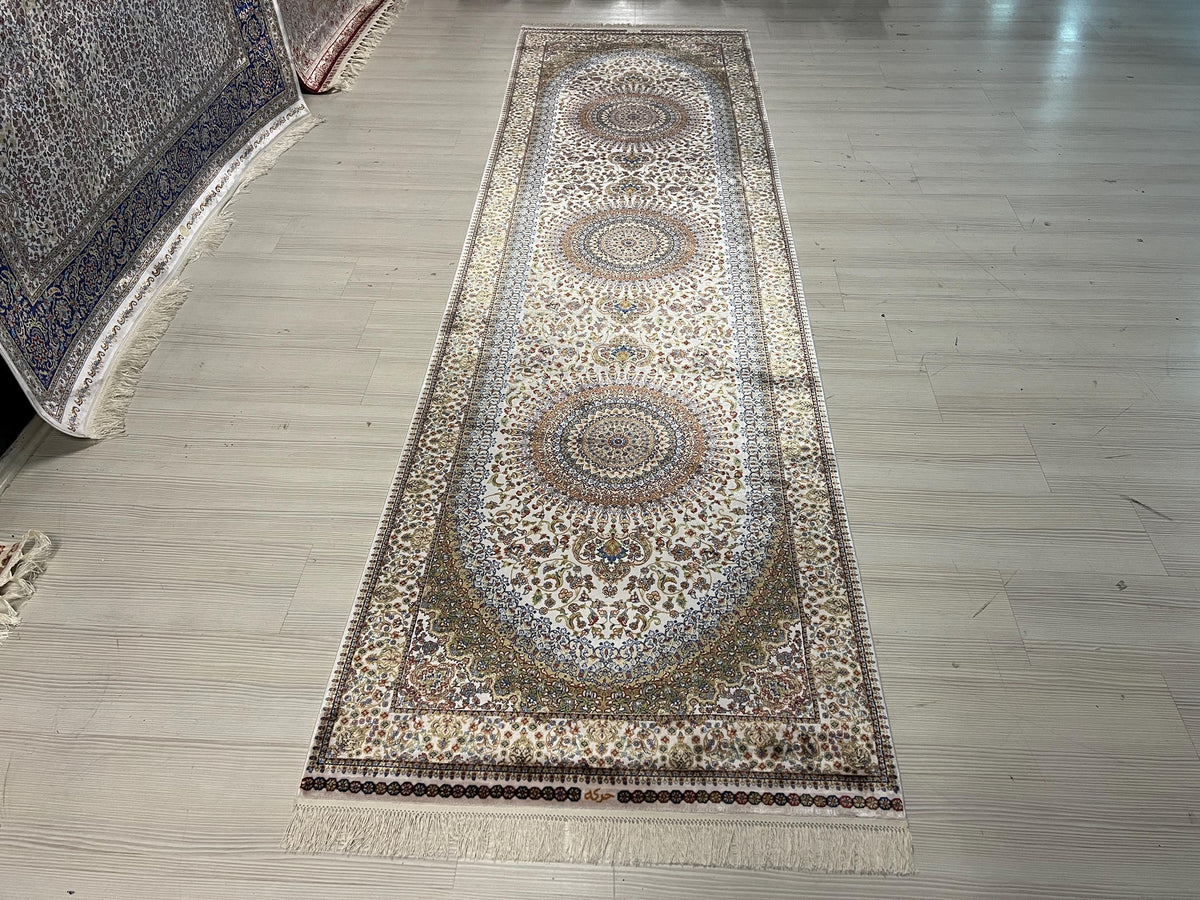 3x10 ft Ivory Classic Silk Runner Rug with Medallion for Hallways