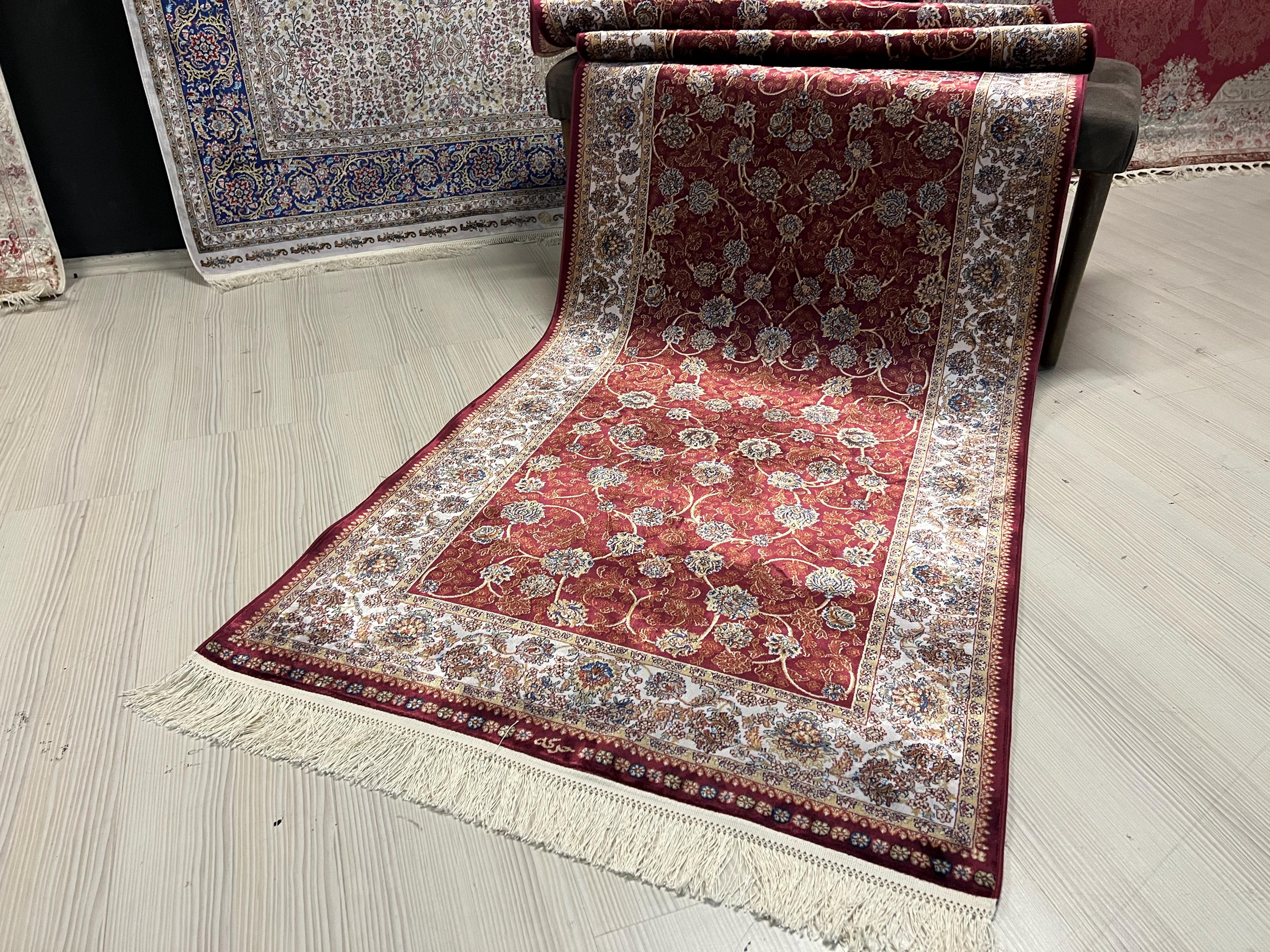 3x10 ft Modern Silk Runner Rug, Turkish Style Burgundy Floral Design Hallway Rug