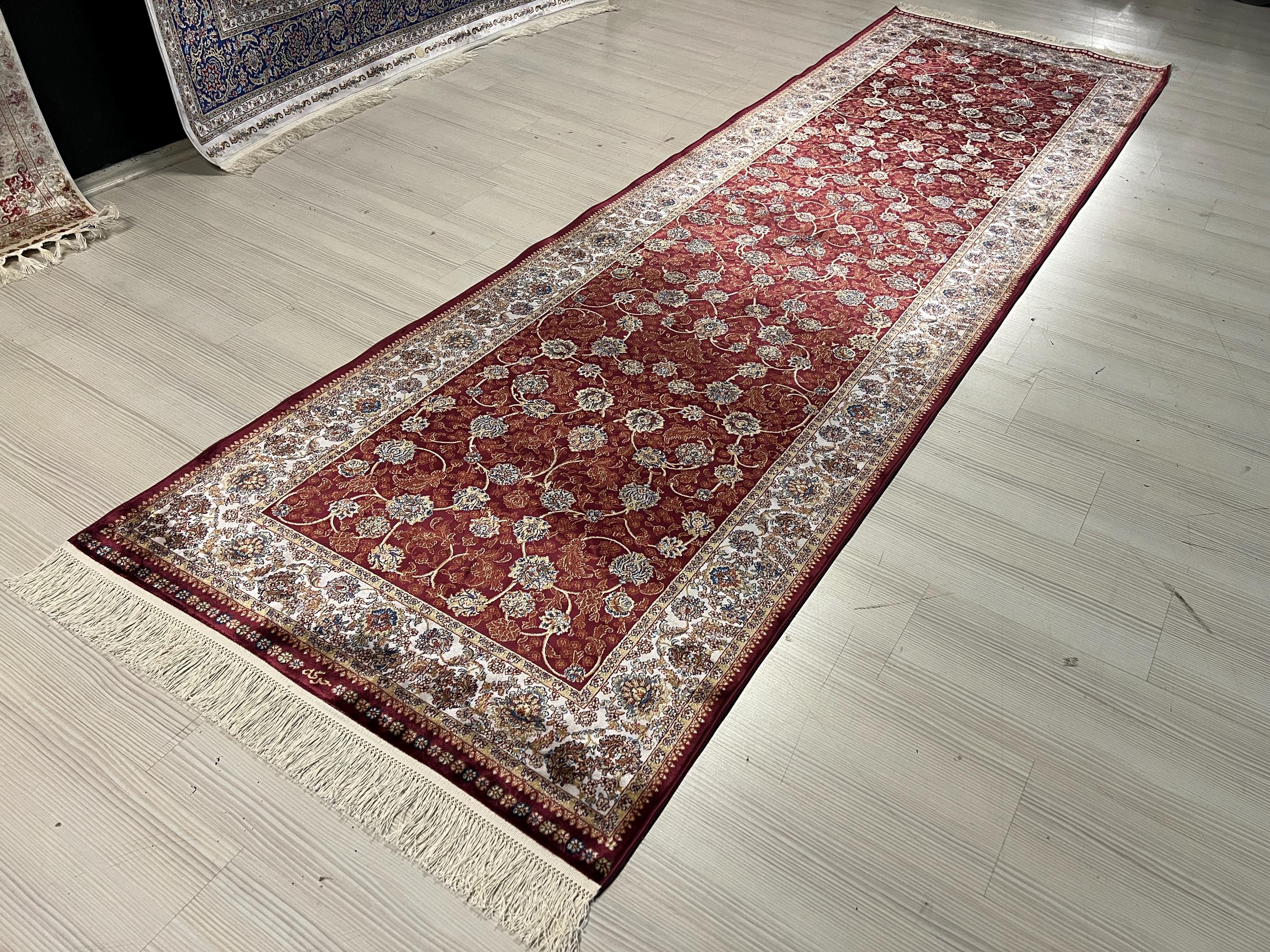 3x10 ft Modern Silk Runner Rug, Turkish Style Burgundy Floral Design Hallway Rug