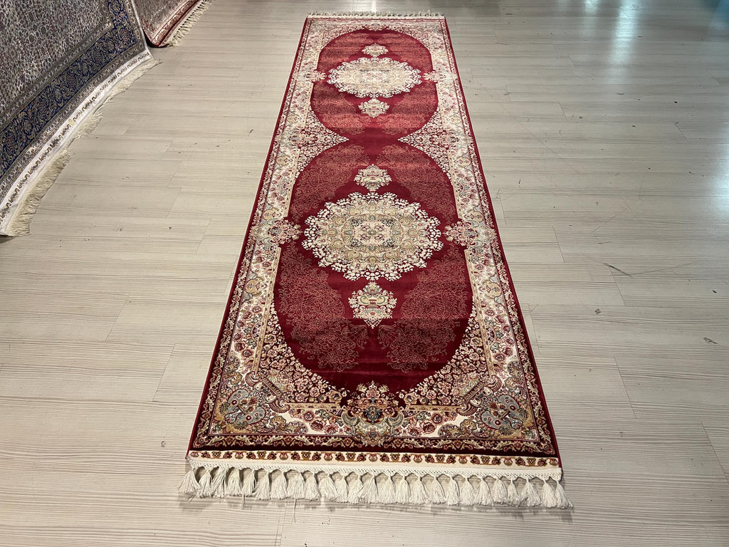 3x10 ft Red Bamboo Silk Runner Rug, Traditional Medallion Design Turkish Hallway Rug