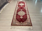 3x10 ft Red Bamboo Silk Runner Rug, Traditional Medallion Design Turkish Hallway Rug