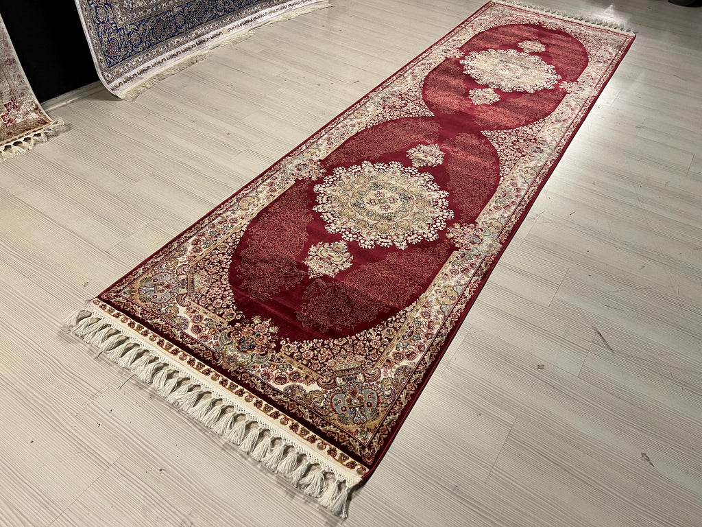 3x10 ft Red Bamboo Silk Runner Rug, Traditional Medallion Design Turkish Hallway Rug