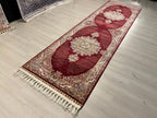 3x10 ft Red Bamboo Silk Runner Rug, Traditional Medallion Design Turkish Hallway Rug
