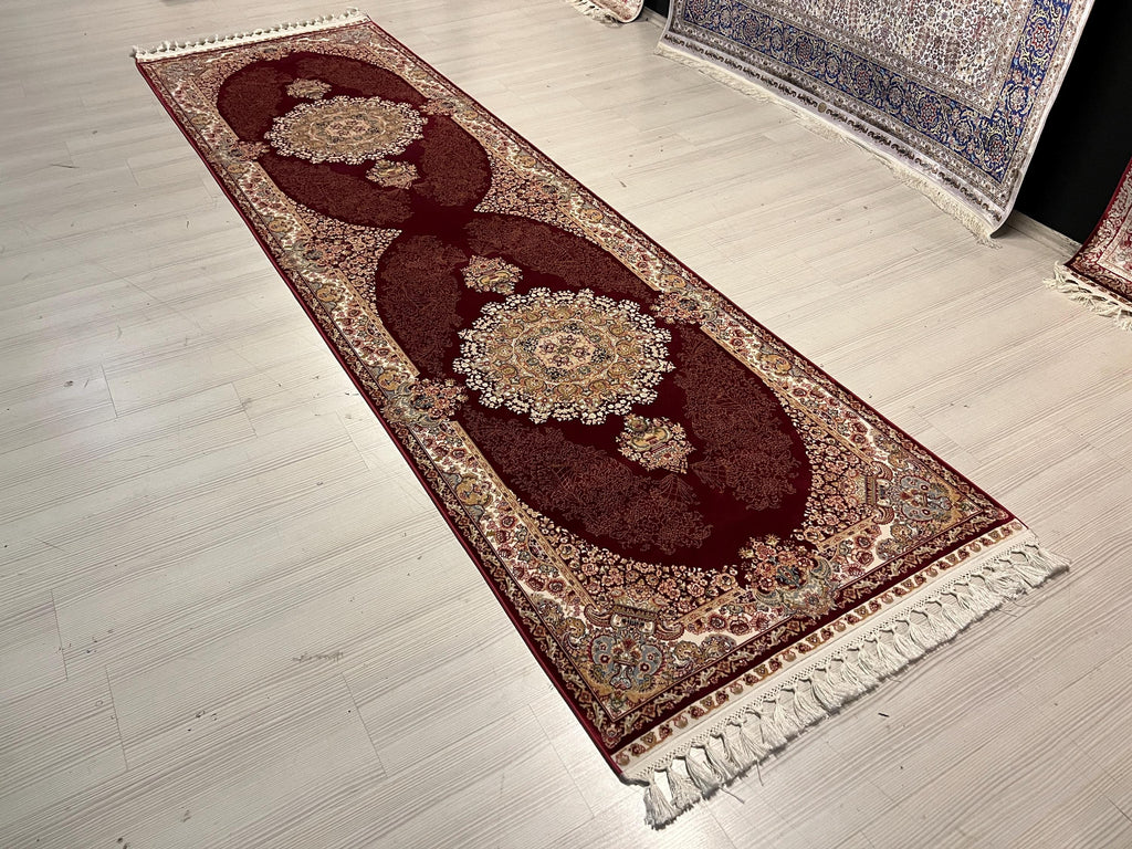 3x10 ft Red Bamboo Silk Runner Rug, Traditional Medallion Design Turkish Hallway Rug