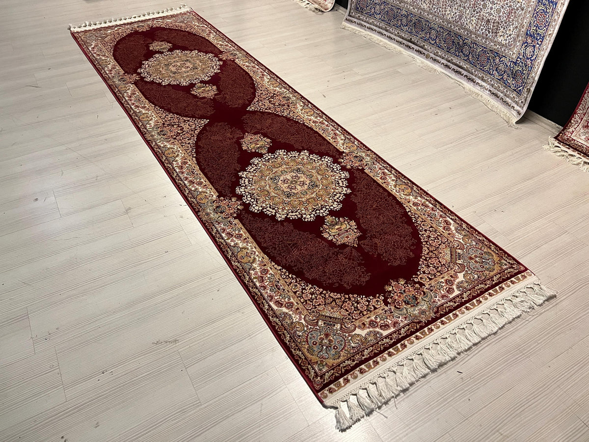 3x10 ft Red Bamboo Silk Runner Rug, Traditional Medallion Design Turkish Hallway Rug
