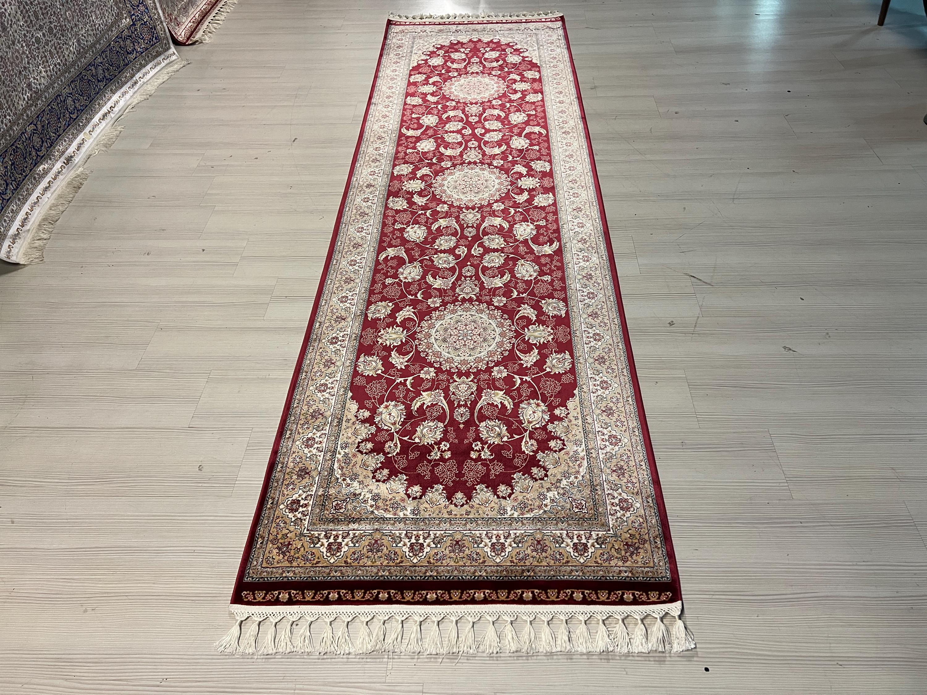 3x10 Red Bamboo Silk Runner Rug, Floral Medallion Hallway Rug