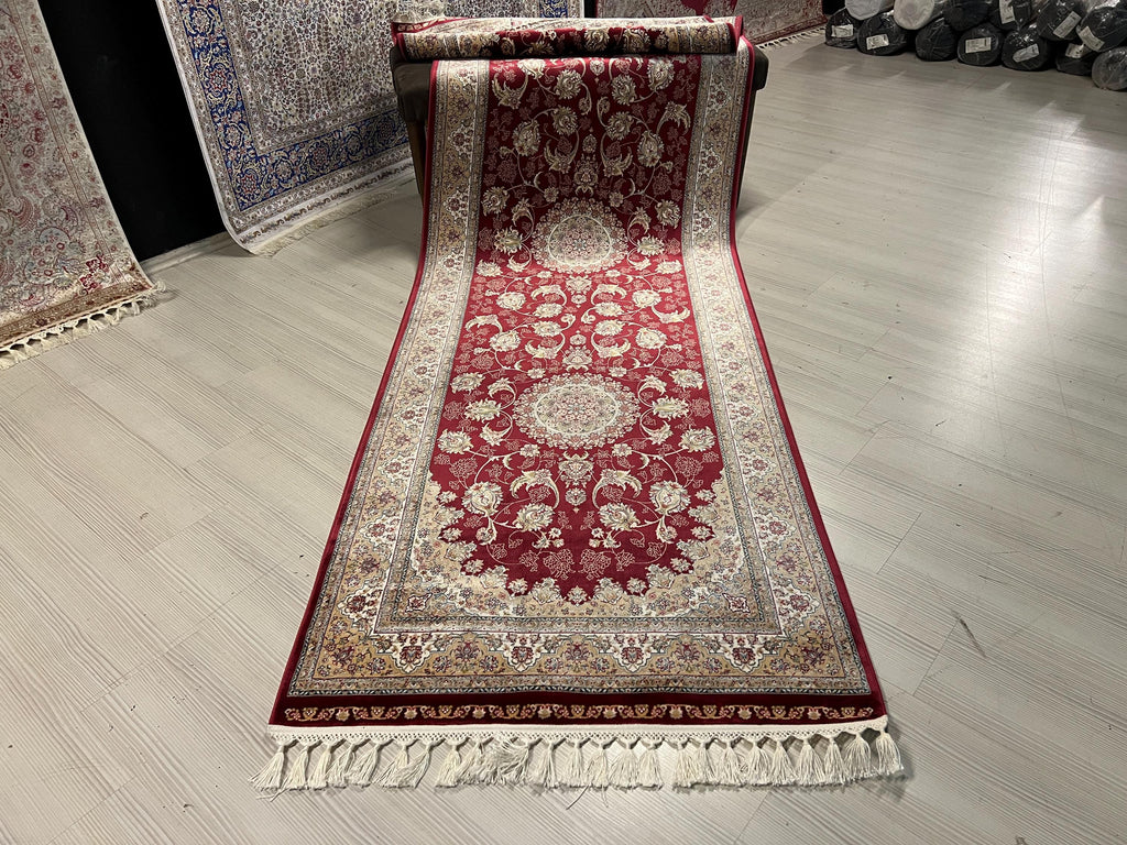 3x10 Red Bamboo Silk Runner Rug, Floral Medallion Hallway Rug
