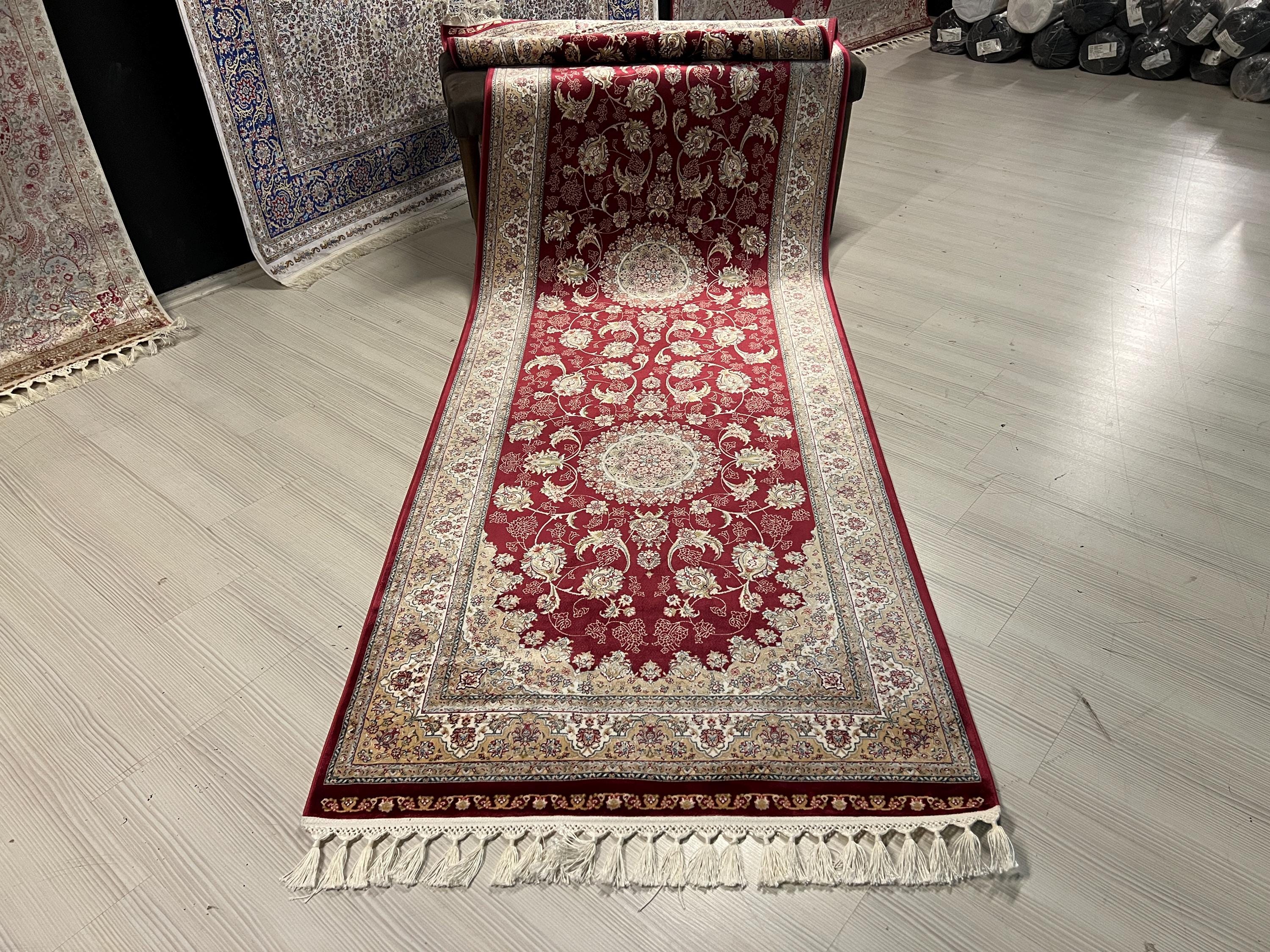 3x10 Red Bamboo Silk Runner Rug, Floral Medallion Hallway Rug