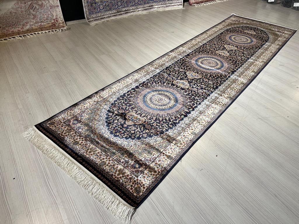 Navy Blue Modal Silk Rug, Turkish Runner, 3x10 ft